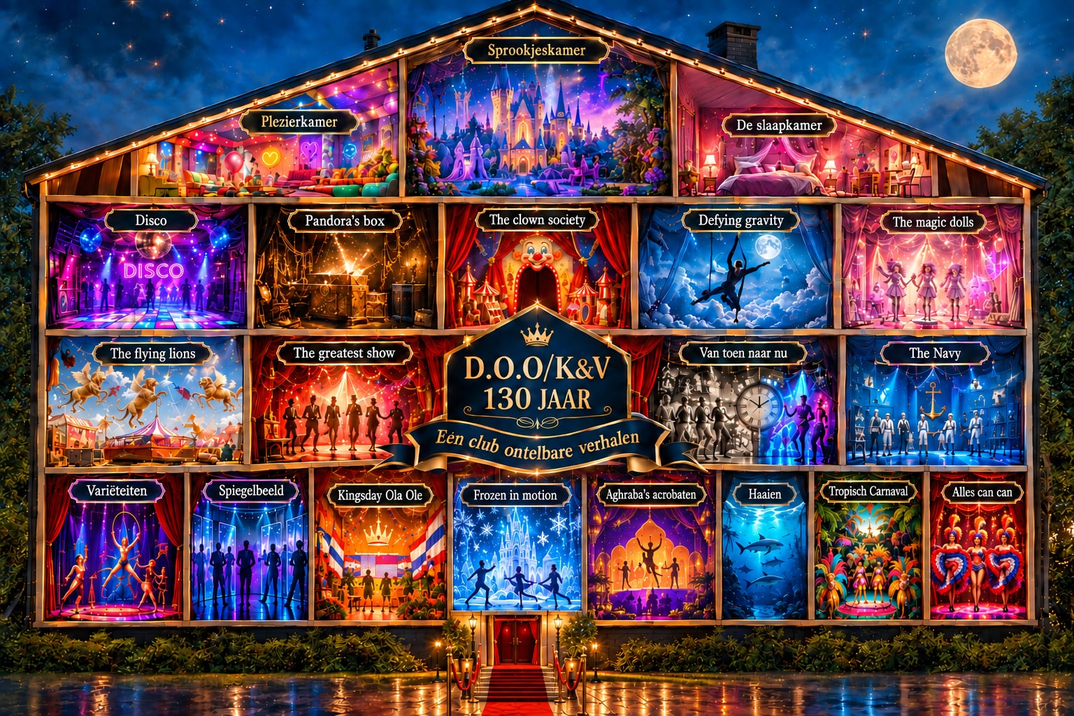 Een feestelijk verlicht huis met kleurrijke themakamers voor 130 jaar DOO/K&V